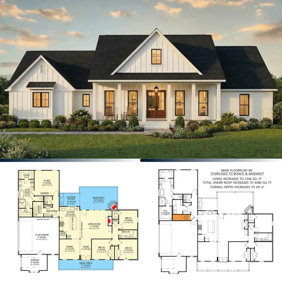 Modern Farmhouse Plan: 4 Bed, 2.5 Bath, Single Story