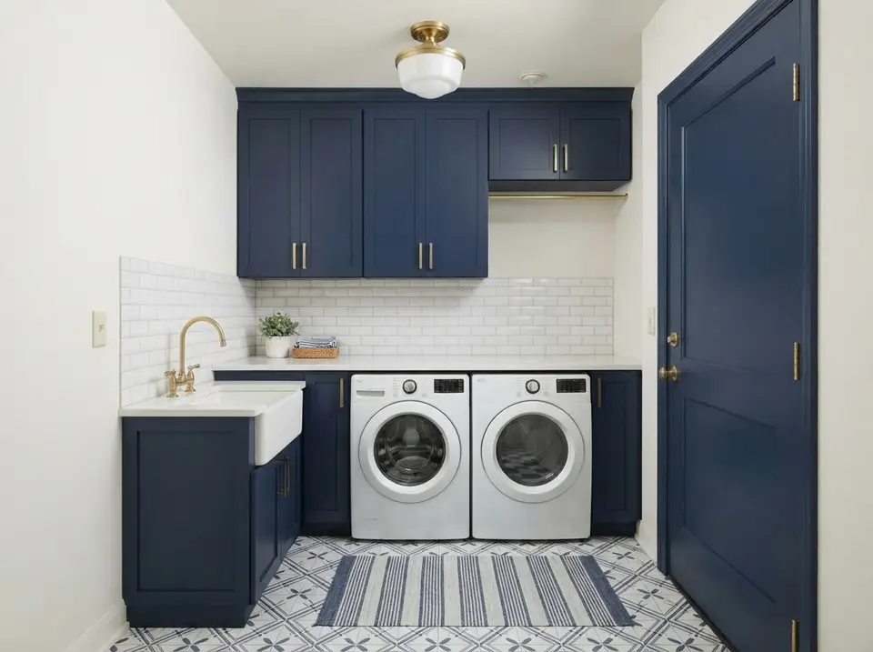 Laundry room ideas: a small builder laundry remodeled with navy shaker cabinets, brass pulls, white subway tile, a white apron sink and a blue and white patterned floor