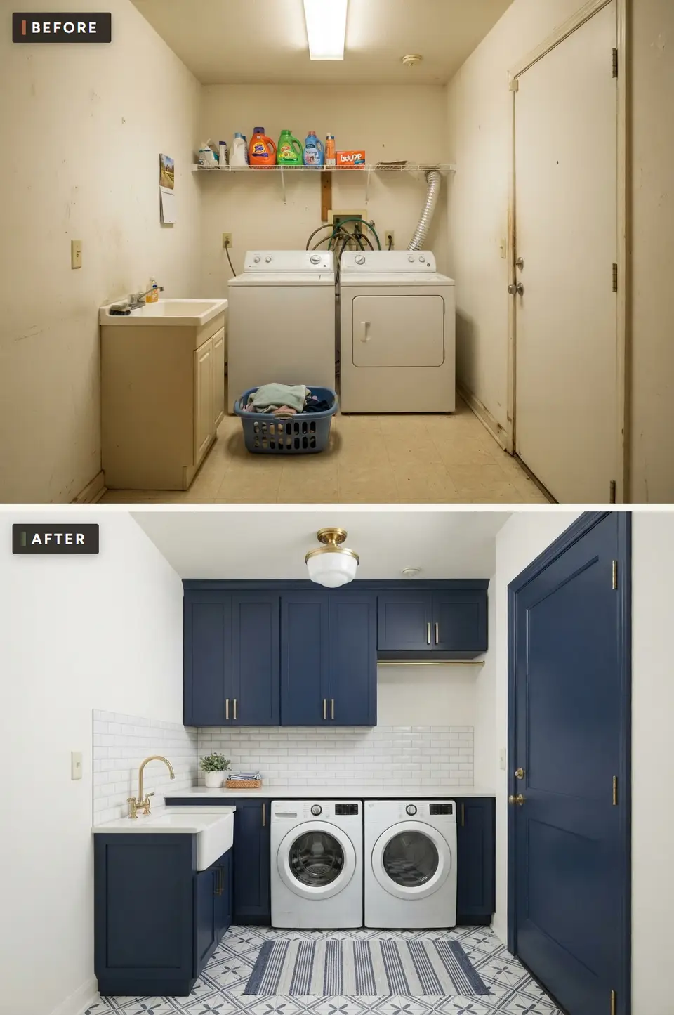 Before and after of a small builder laundry room remodeled with navy shaker cabinets, brass pulls, white beveled subway tile, a white apron sink with a brass bridge faucet and a blue and white patterned floor