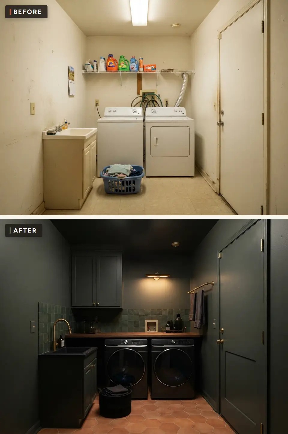 Before and after of a small laundry room remodeled as a dark moody utility room with charcoal green walls and cabinets, a dark green zellige backsplash, a walnut counter, black front-load machines and a terracotta hexagon tile floor