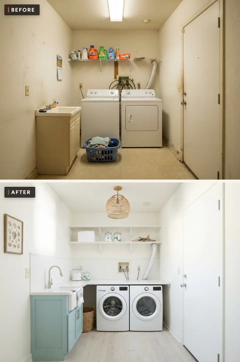 Before and after of a small laundry room remodeled in a coastal style with a sea-glass blue sink cabinet, white beadboard, open white shelves with folded towels, a rattan pendant and a whitewashed oak floor