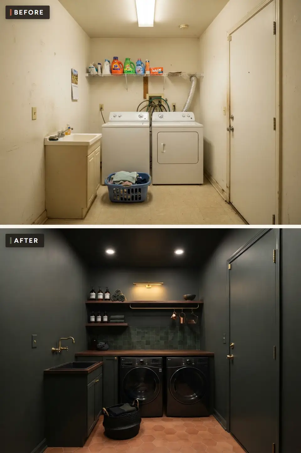 Before and after of a small laundry room remodeled in dark charcoal green with open walnut shelves holding amber bottles, a brass rail with copper cups, a brass picture light, recessed ceiling lights and black front-load machines