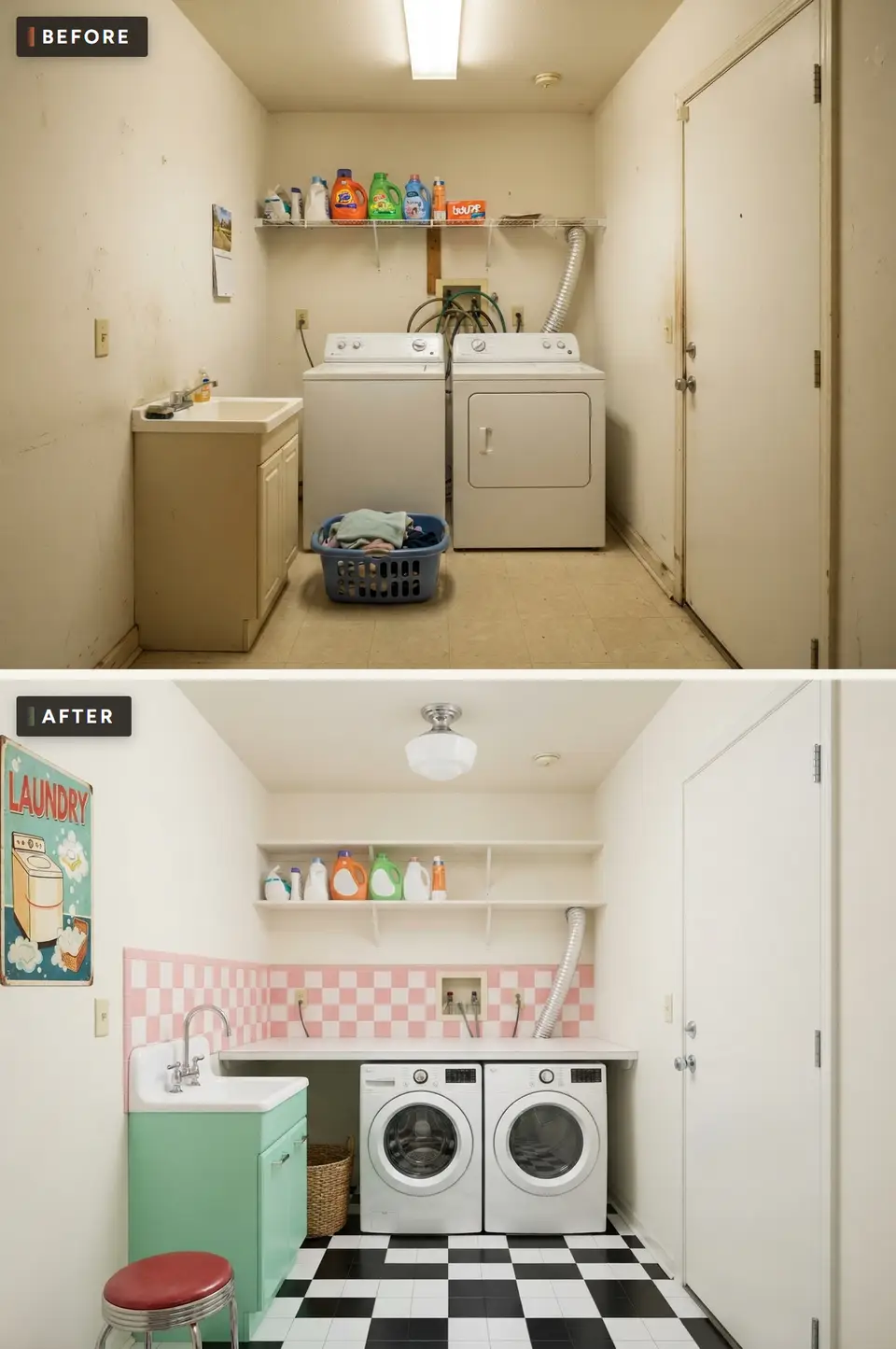 Before and after of a small laundry room remodeled in a colorful retro style with a mint green sink cabinet, a white enamel sink, pink and white checkered backsplash tile, a black and white checkerboard floor and a red diner stool