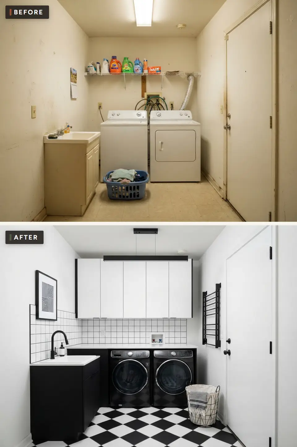 Before and after of a small laundry room remodeled in a graphic black and white style with black front-load machines, flat white upper cabinets, white square tile with black grout, a black sink cabinet and a diagonal checkerboard floor