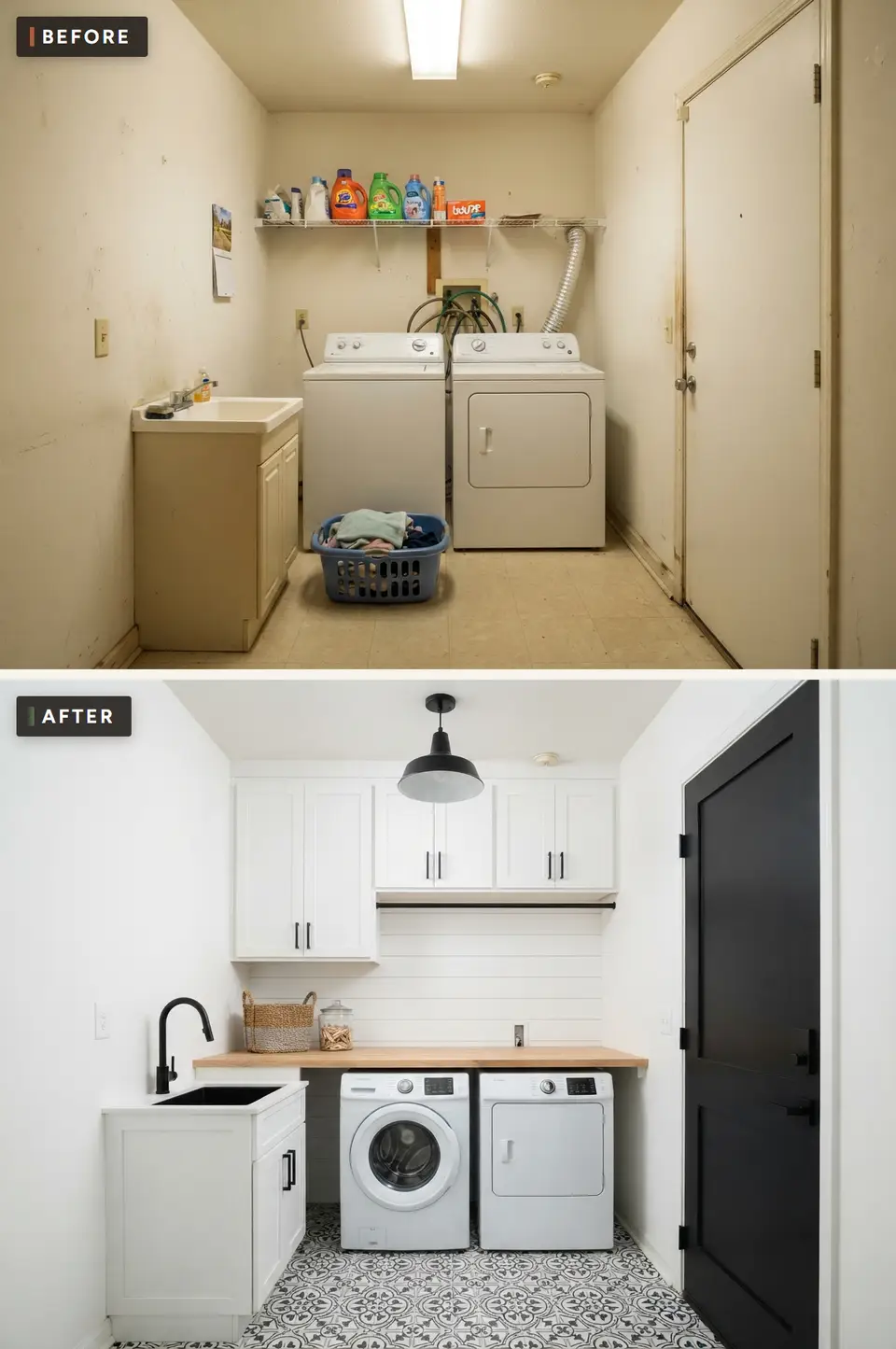 Before and after of a small laundry room remodeled as a bright modern farmhouse laundry with white shaker uppers, white shiplap, a butcher block folding counter, a black utility sink, a barn pendant and a black door