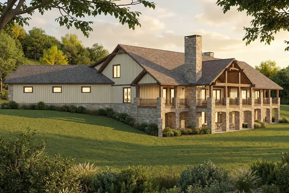 Rear view of plan 70966MK showing the two-story covered porches, timber trusses and stone column bases
