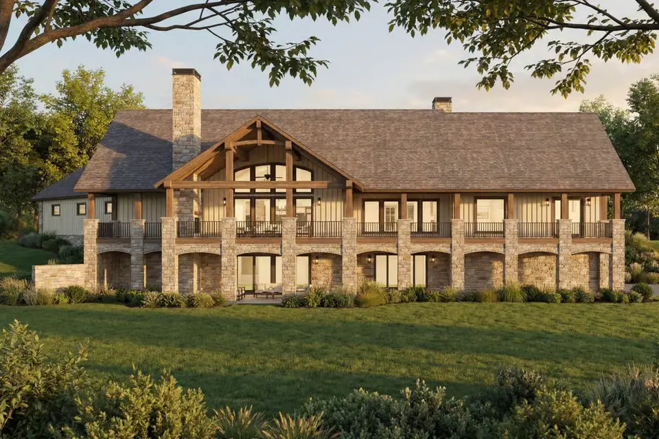 Side elevation of plan 70966MK with the primary suite wing and stacked covered porches on a sloping site