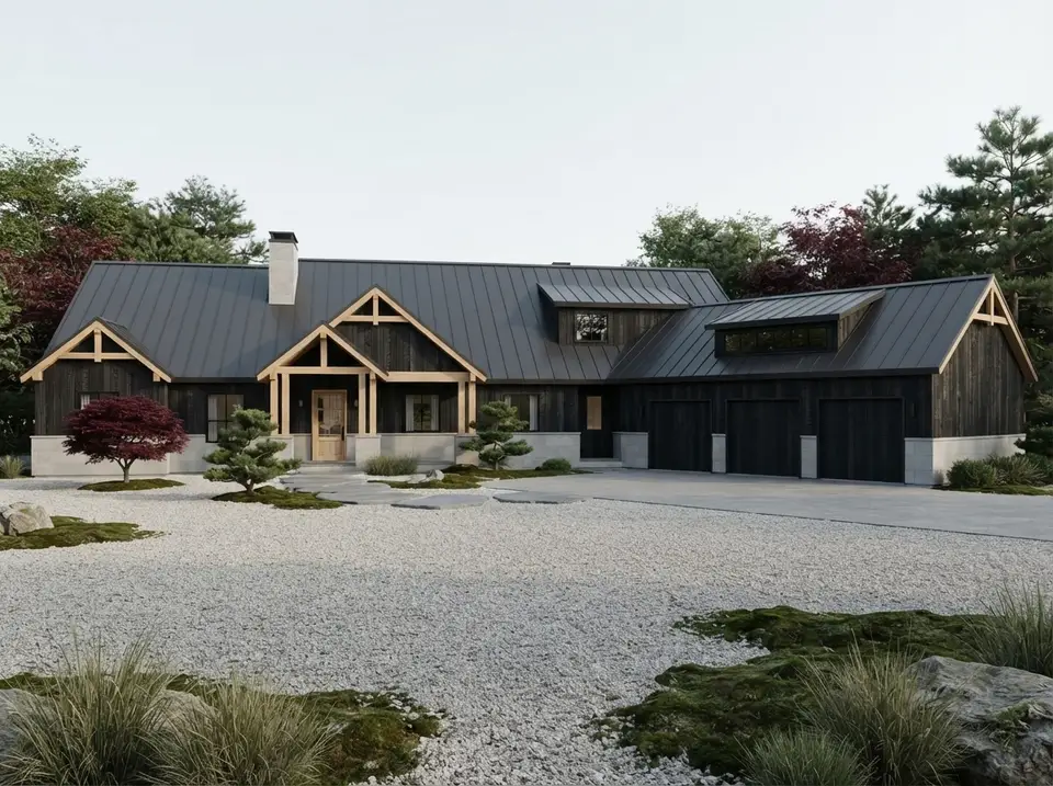 Japandi mountain facade variation of plan 70966MK with charred black cedar, pale basalt bases, raked gravel and sculpted pines