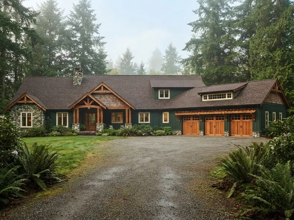 Pacific Northwest craftsman facade variation of plan 70966MK with forest-green siding, cedar shingle gables and river-rock bases in mist