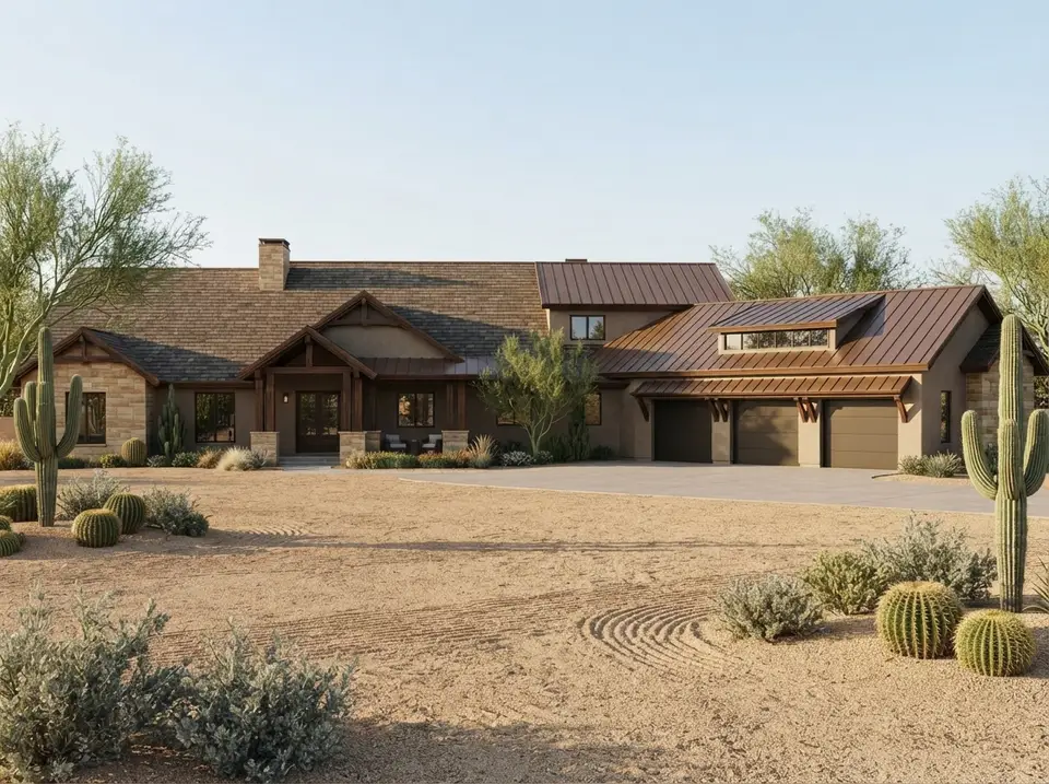 Desert contemporary facade variation of plan 70966MK with warm taupe stucco, sandstone bases, copper-brown metal roof and saguaro cactus