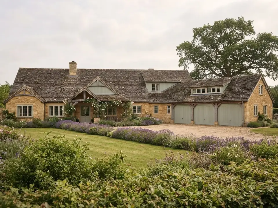 English country manor facade variation of plan 70966MK with honey Cotswold stone, sage-green gables, slate roof and lavender borders