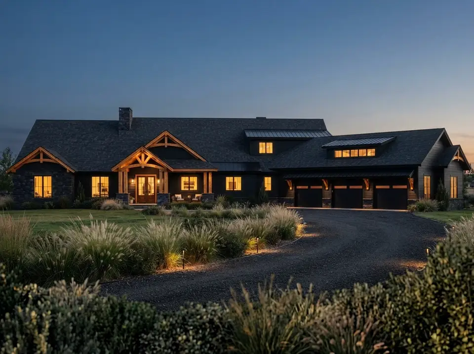 Black timber lodge facade variation of plan 70966MK at dusk with matte black siding, honey fir beams and lit windows