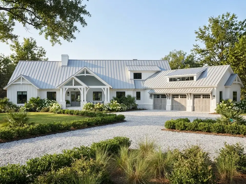 Coastal Lowcountry facade variation of plan 70966MK with white board-and-batten, pewter metal roof, white hydrangeas and palmettos