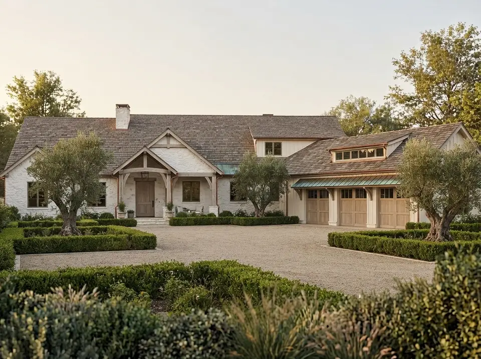 Limewashed stone estate facade variation of plan 70966MK with chalk-white limewashed stone, bronze windows and olive trees