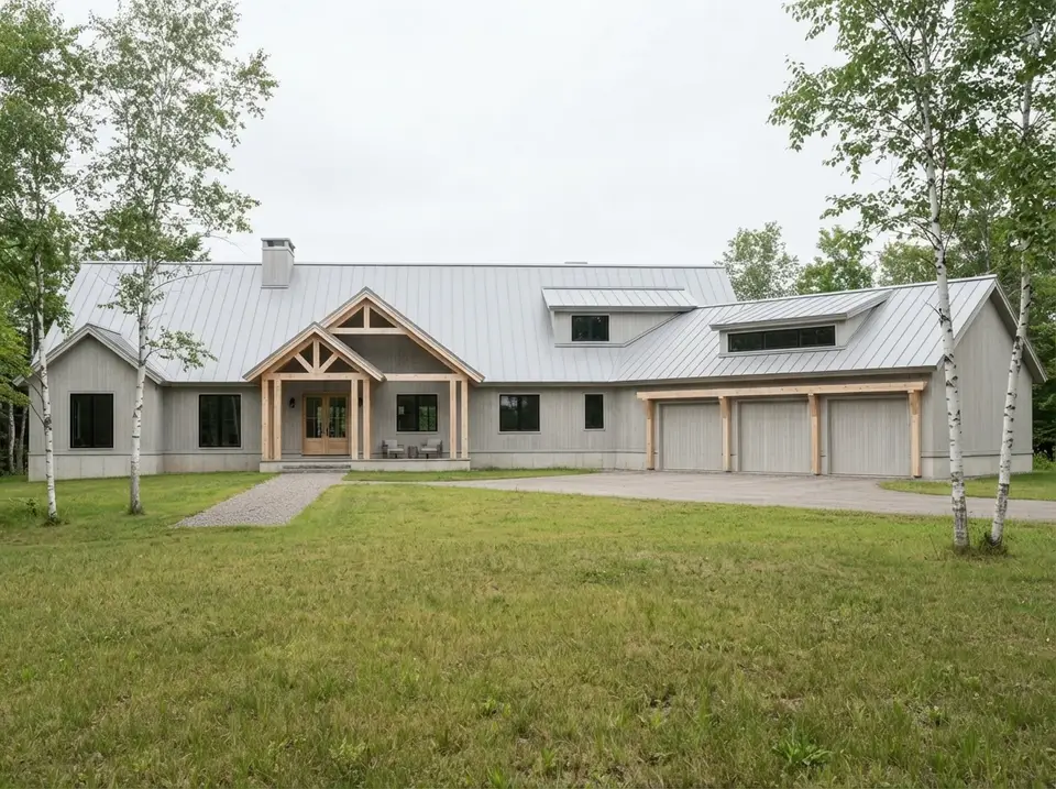 Scandinavian alpine facade variation of plan 70966MK with pale grey spruce siding, blond larch timbers and birch trees