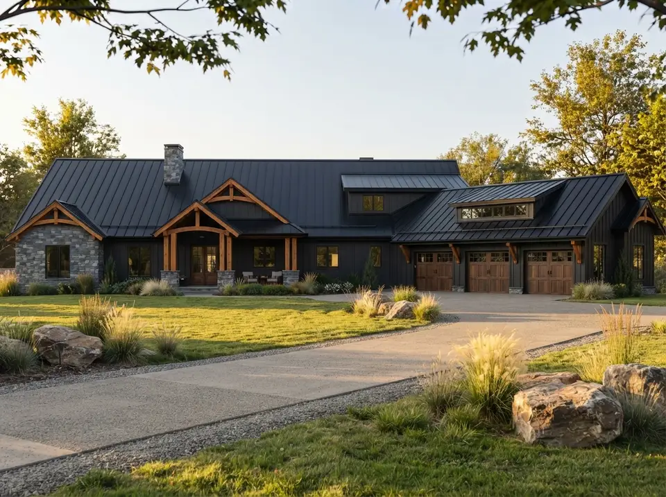Modern mountain facade variation of plan 70966MK with charcoal board-and-batten siding, ledgestone bases and fir timber brackets