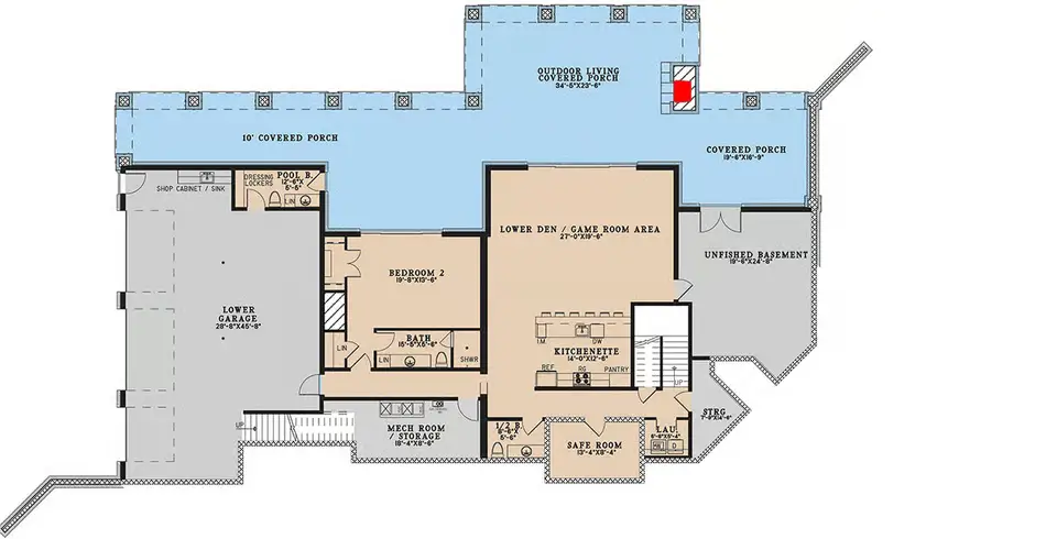 Lower level floor plan of plan 70966MK with den and game room, kitchenette, bedroom 2, safe room and lower 3-car garage with workshop