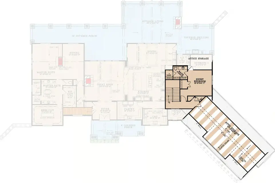 Upper level floor plan of plan 70966MK showing the guest bedroom with private bath and attic storage over the garage