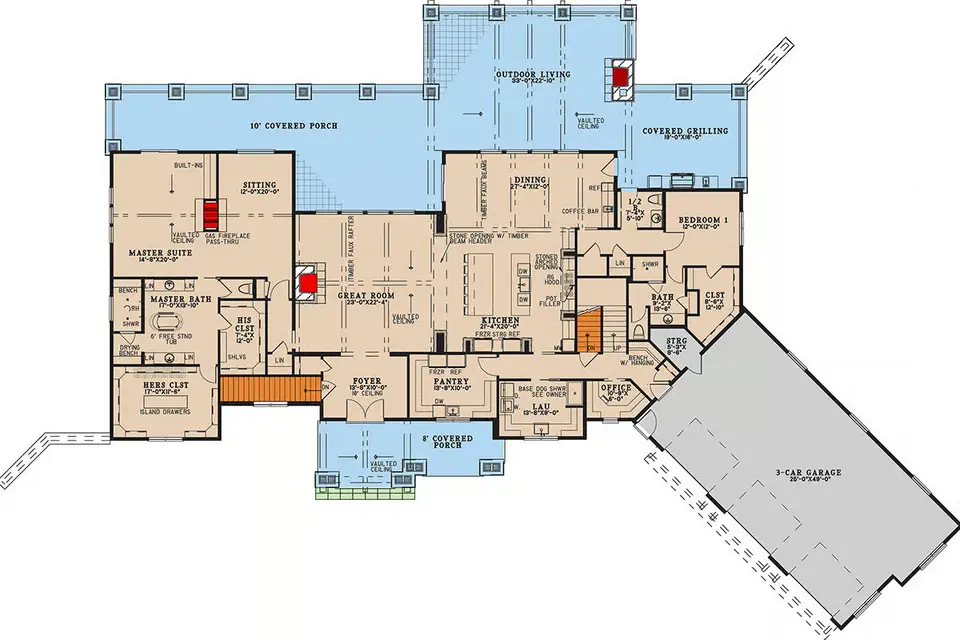 Main level floor plan of luxury mountain house plan 70966MK with vaulted great room, primary suite wing, office and 3-car garage
