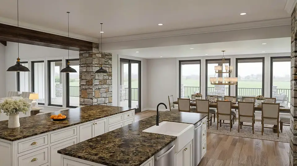 Kitchen and dining area of plan 70966MK with the coffee bar, timber beams and the stone opening to the great room