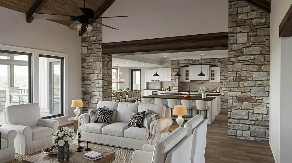 Vaulted great room of plan 70966MK with timber ceiling, full-height stone piers and views into the kitchen and dining