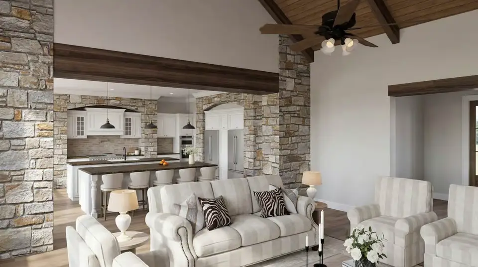View from the great room of plan 70966MK through the stone and timber opening into the kitchen