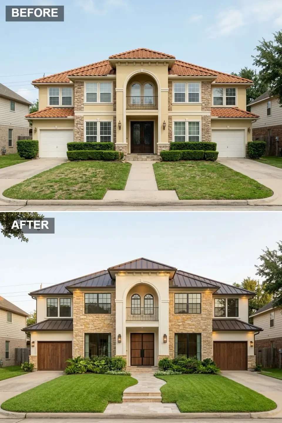 Tuscan Mediterranean exterior renovation with burnished bronze standing-seam metal roof, honey-toned limestone veneer, warm cream stucco walls, solid walnut garage and entry doors, travertine-look paver walkway, and lush tropical foundation plantings with subtle eave uplighting