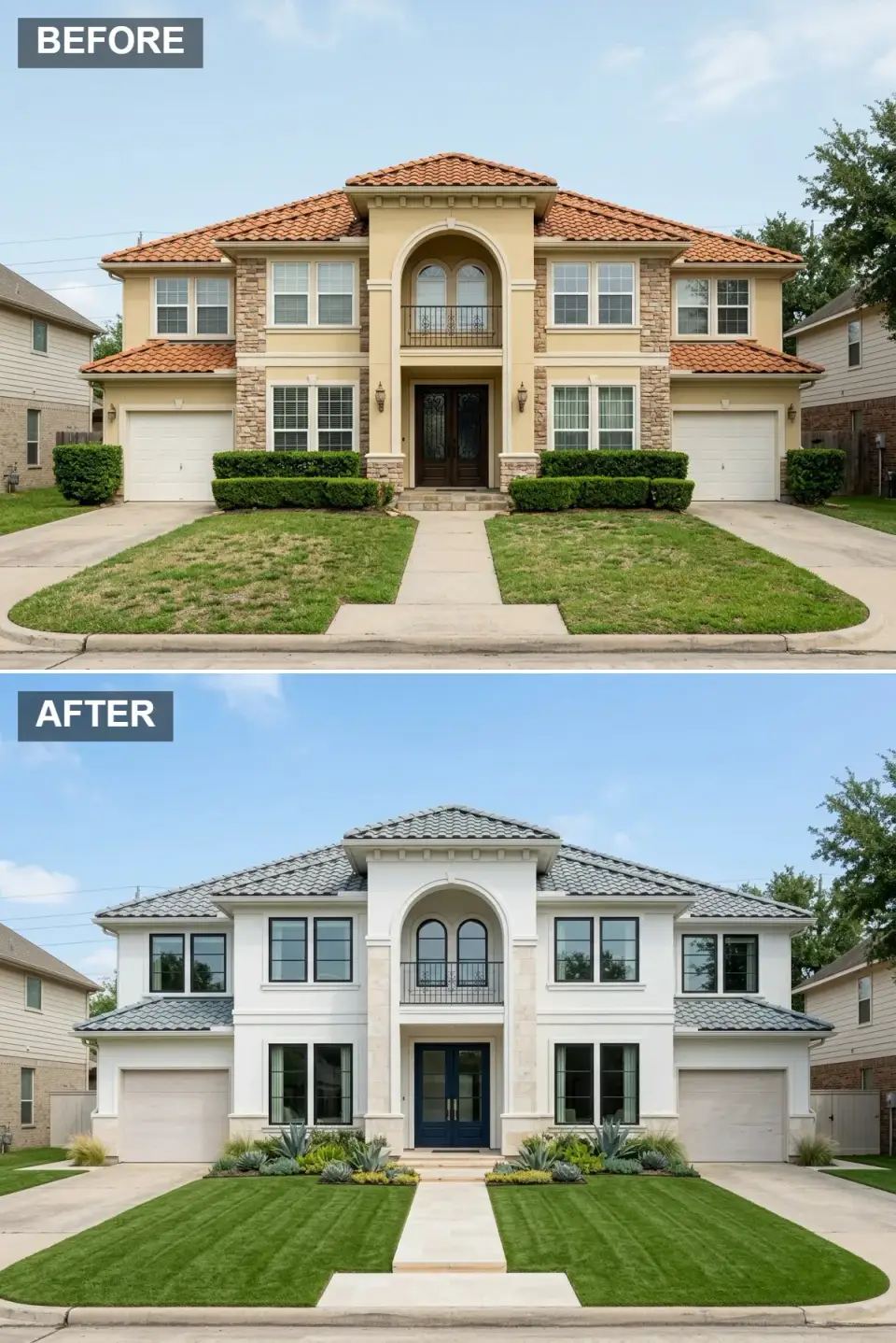 Coastal Mediterranean exterior with sea-salt white stucco, pale grey-blue clay tile roof, smooth white limestone tower and foundation, cream garage doors blending into the architecture, deep ocean navy entry door with glass panels, sculptural succulents agave and ornamental grasses replacing lawn