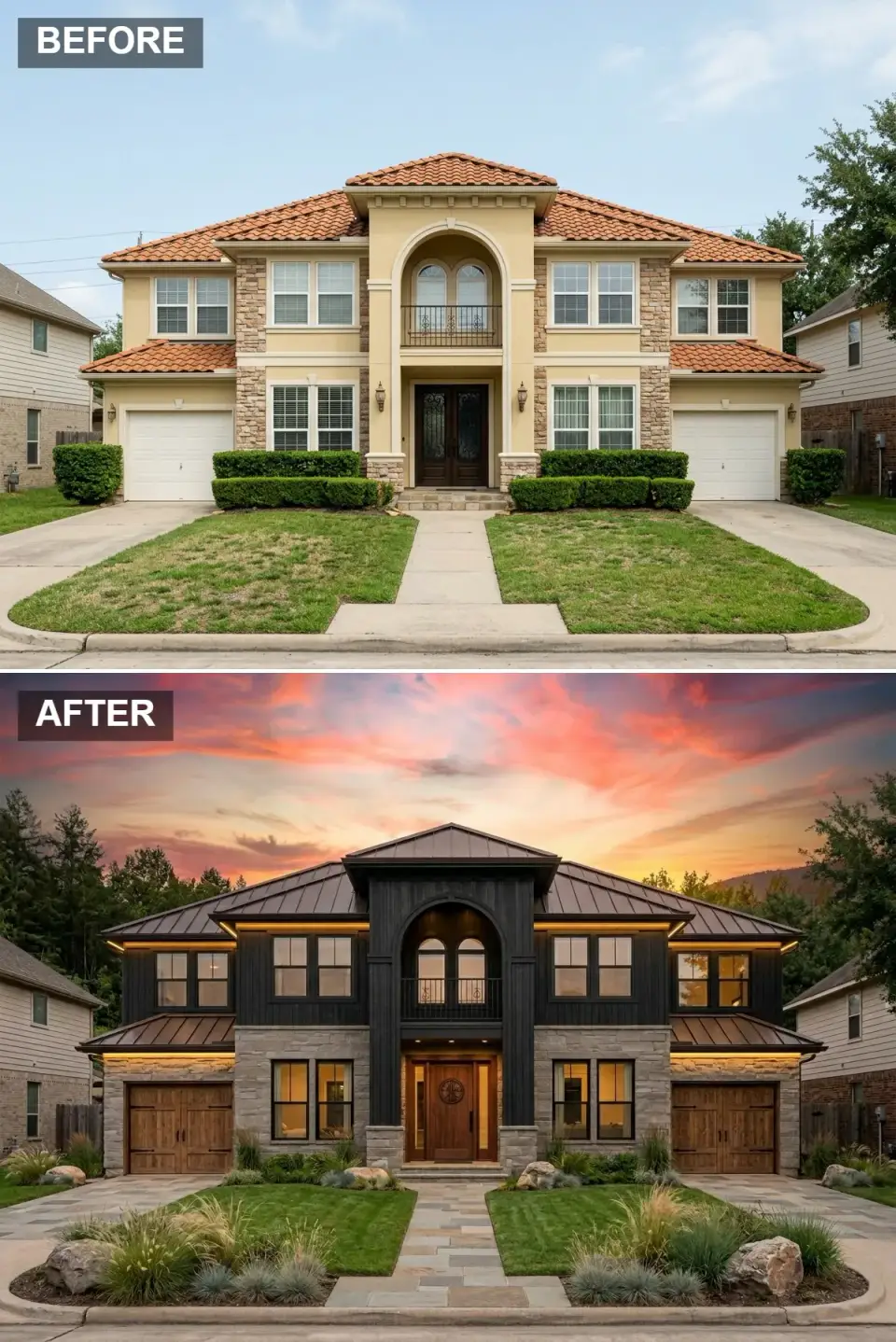 Mountain modern exterior renovation with charred black Shou Sugi Ban wood upper siding, grey fieldstone base, dark standing-seam metal roof, rustic wood garage doors with iron hardware, warm LED eave uplighting, naturalistic landscaping with native grasses ferns and indigenous boulders