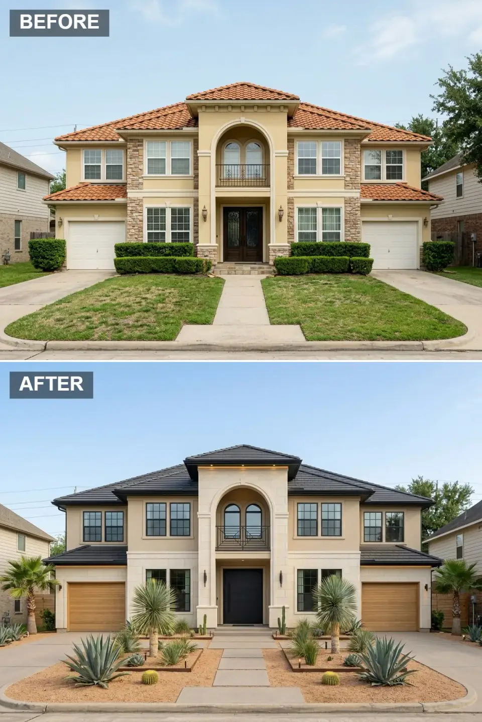 Desert oasis exterior renovation with warm desert sand stucco, dark charcoal roof tiles, pale limestone entry tower and base, bleached wood garage doors, xeriscape courtyard with decomposed granite, steel-edged planter beds, sculptural agave yucca barrel cactus and fan palms, and black entry door