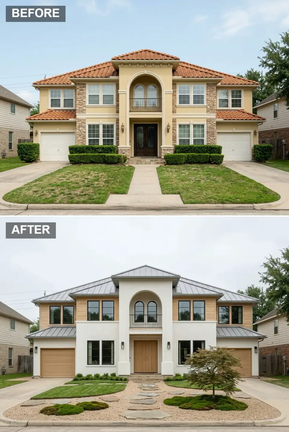 Japandi exterior transformation with cool grey standing-seam metal roof, pristine white stucco, pale cedar siding accents, raked pebble gravel courtyard, sculptural Japanese maple, moss mounds, and irregular flagstone path replacing the original lawn