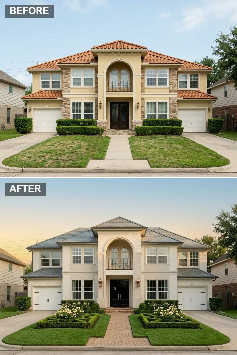 Parisian formal exterior makeover with grey slate-look roof shingles, chalk white painted stucco and stone, white carriage-style garage doors with matte black hardware, high gloss black entry door with brass detailing, knot-pattern boxwood parterres with white roses, and herringbone brick walkway