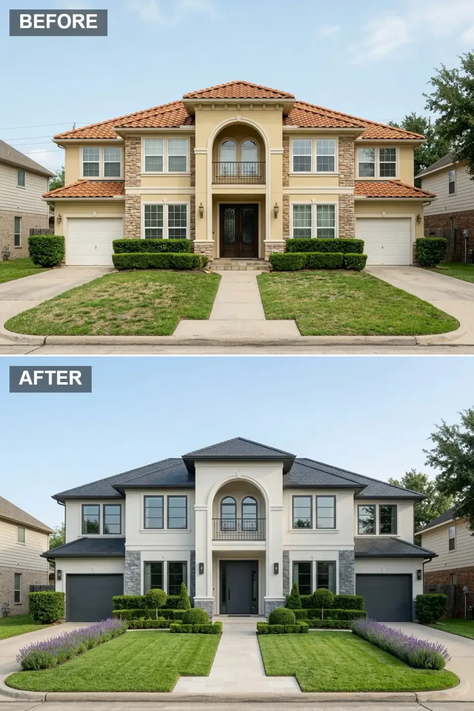 Soft transitional exterior renovation with warm off-white stucco, cool grey-blue ledge stone foundation, dark charcoal architectural roof shingles, charcoal garage doors creating a continuous horizontal band, dark window frames, formal boxwood topiaries, lavender drifts, and pale limestone walkway
