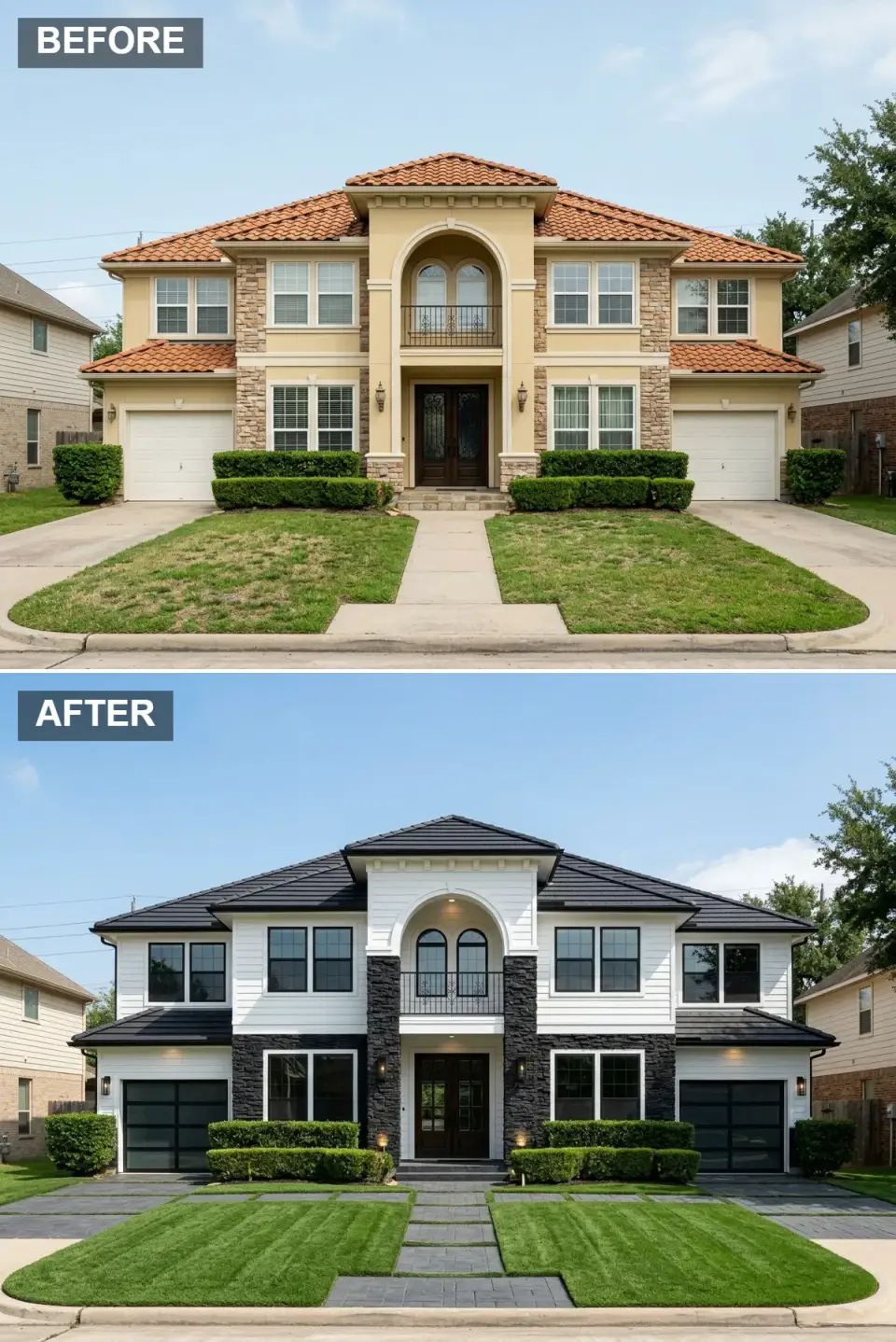 High-contrast monochrome exterior with black tile roof, stacked black stone central tower, pure white stucco walls, black glass-paneled garage doors, graphic checkerboard slate paver and turf walkway, dark gravel beds with structural agave plantings