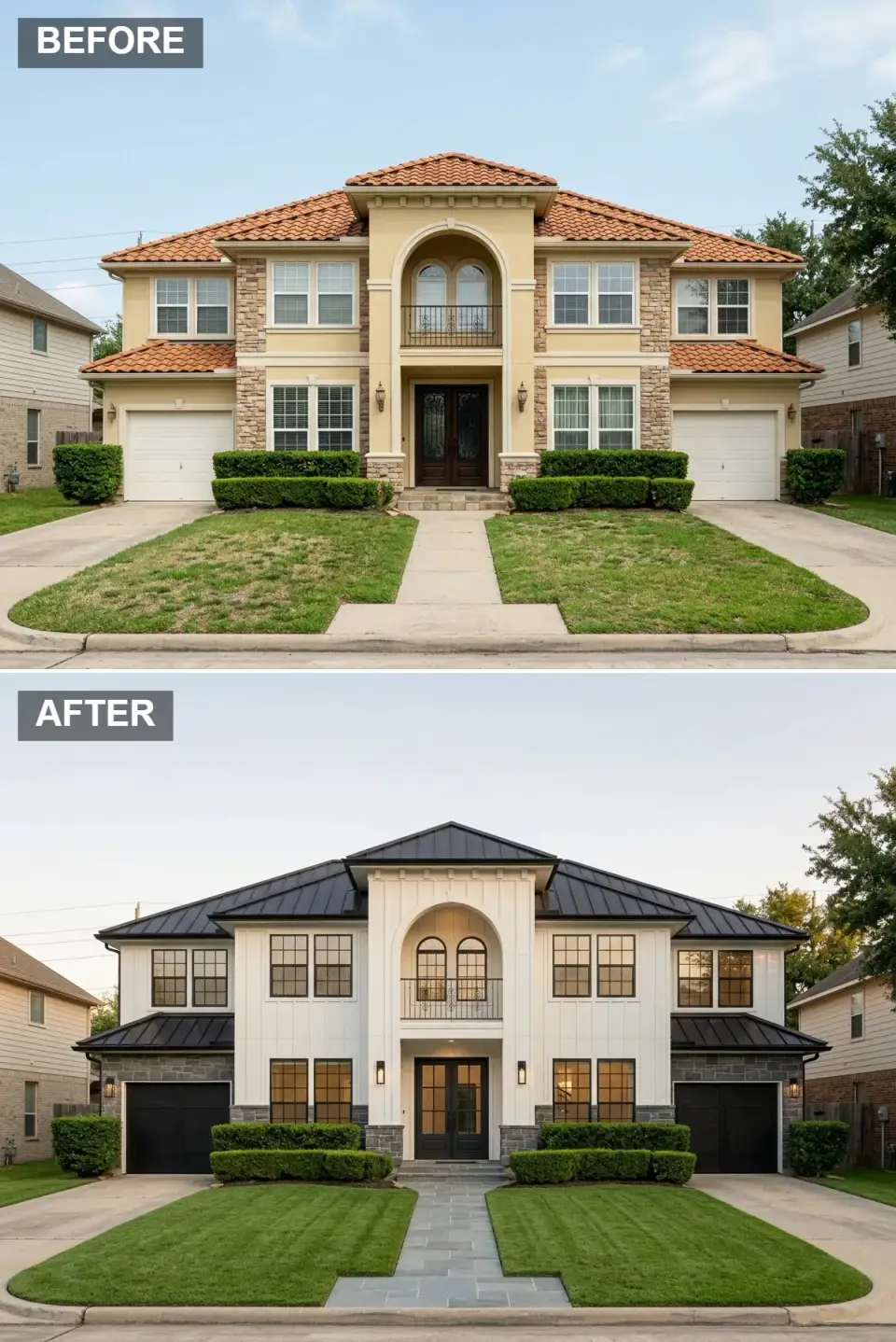 Modern farmhouse exterior renovation with black standing-seam metal roof, white vertical board-and-batten upper siding, grey natural fieldstone skirt at ground level, matte black garage and entry doors, dark window frames, and grey flagstone front walkway with warm interior window glow