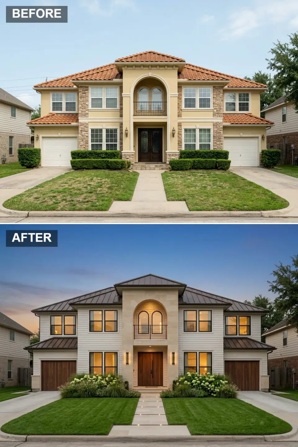 Warm contemporary exterior with copper standing-seam metal roof, alabaster stucco facade, pale limestone entry tower, walnut wood garage and entry doors, white hydrangea masses with ornamental grasses, embedded pathway lighting between light pavers, and vertical wall sconces casting amber glow