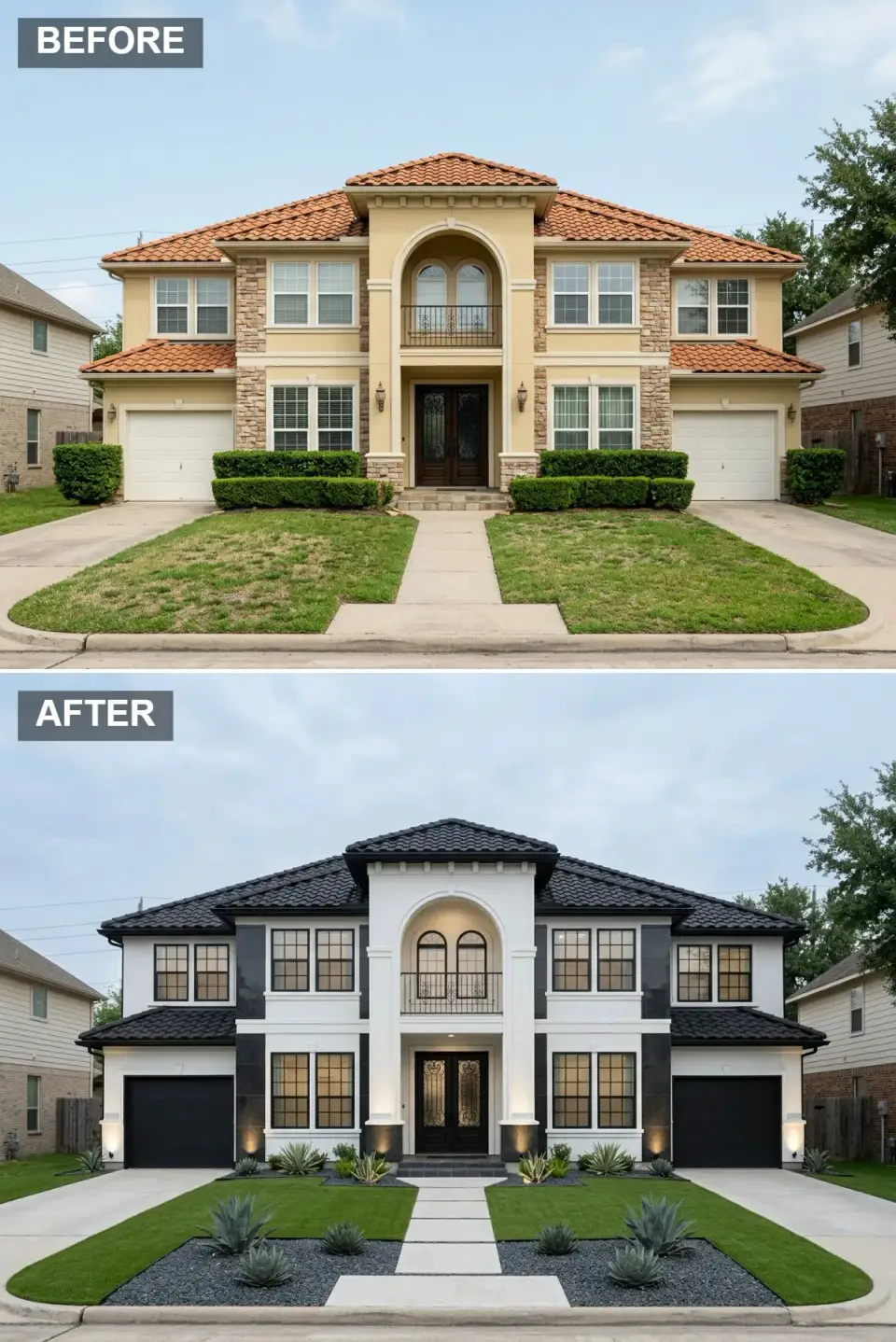 Art Deco glamour exterior with glossy black tile roof, polished black stone-clad columns, pure white stucco walls, black garage doors with horizontal glass lites, decorative iron grille entry door, dark gravel beds with architectural agave, and recessed foundation uplighting