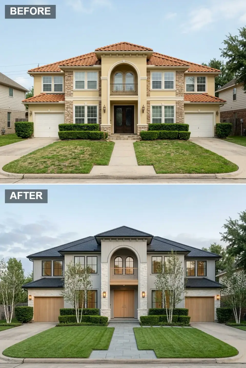 Nordic Scandinavian exterior renovation with dark blue-grey architectural shingles, dove grey vertical siding upper, bleached white stone entry tower and foundation, light natural birch wood garage and entry doors, symmetrical white-birch trees, black iron urn sconces, and clipped boxwood