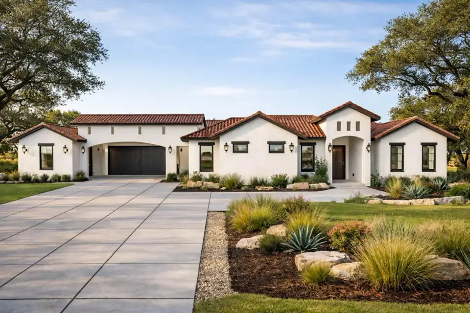 Mediterranean Spanish house exterior front elevation with red tile roof and stucco