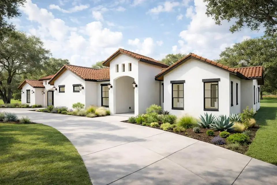 Mediterranean Spanish house plan arched entry portal and twin projecting wings