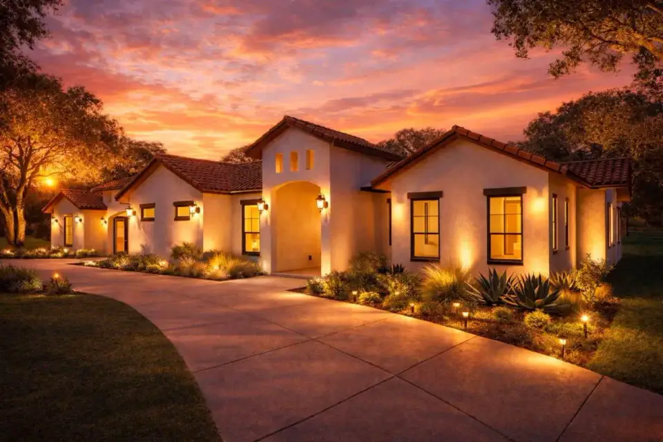 Mediterranean Spanish house plan rear elevation with multi panel glass doors to patio