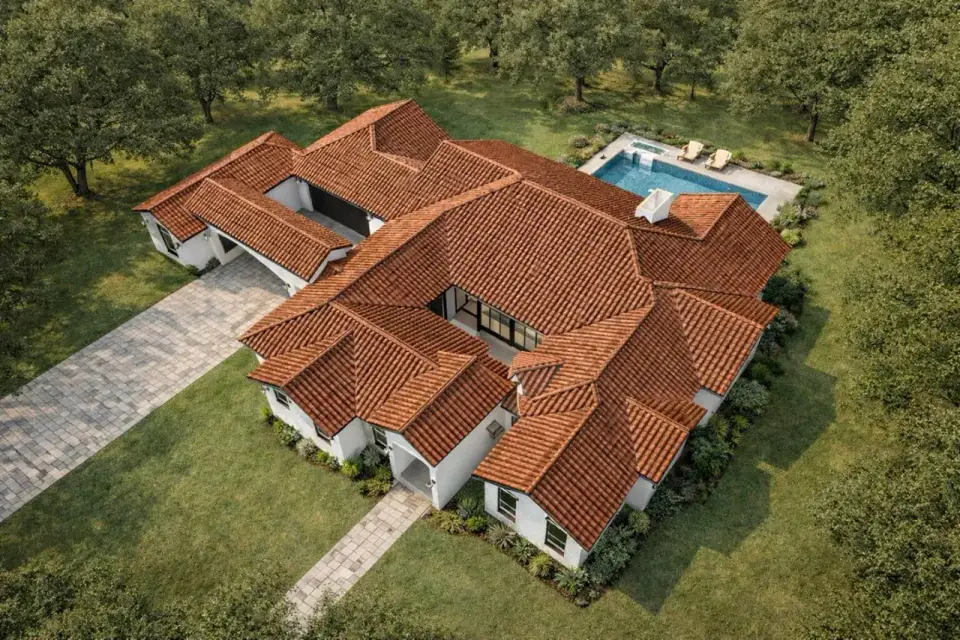 Mediterranean Spanish house plan side elevation with porte cochere and workshop