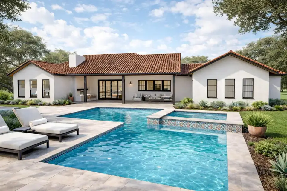 Mediterranean Spanish house plan courtyard view with arched openings