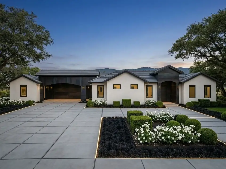 Contemporary Noir facade variation black metal roof white stucco