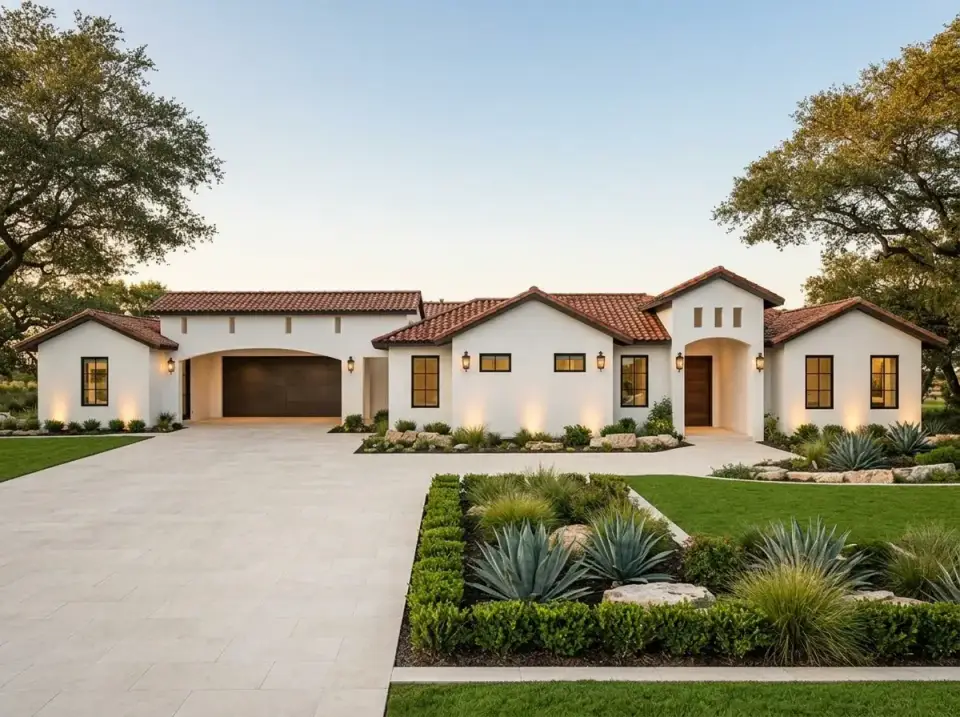 Classic Mediterranean facade variation red barrel tile and xeriscape landscaping