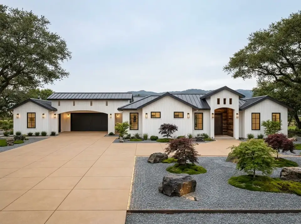 Modern Farmhouse Zen facade variation white vertical siding and Zen garden