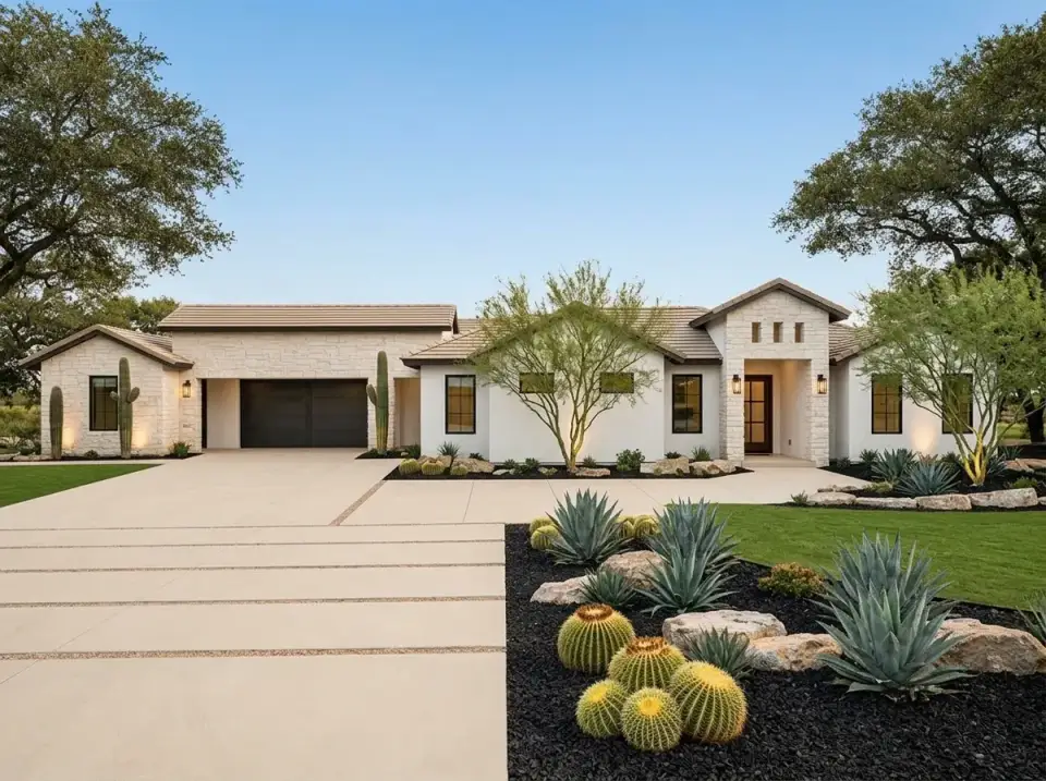 Desert Contemporary facade variation stucco and stone with native cacti