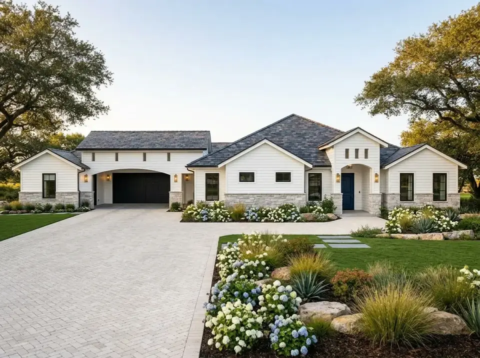 Transitional Cottage facade variation horizontal siding and navy door