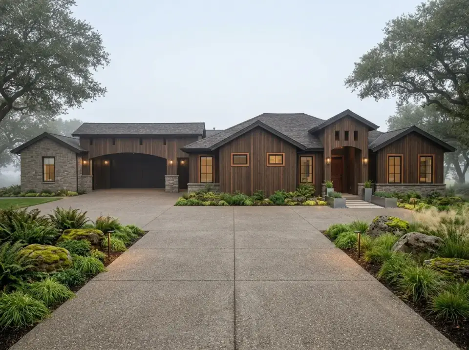 Mountain Rustic Lodge facade variation dark stained cedar and stone veneer