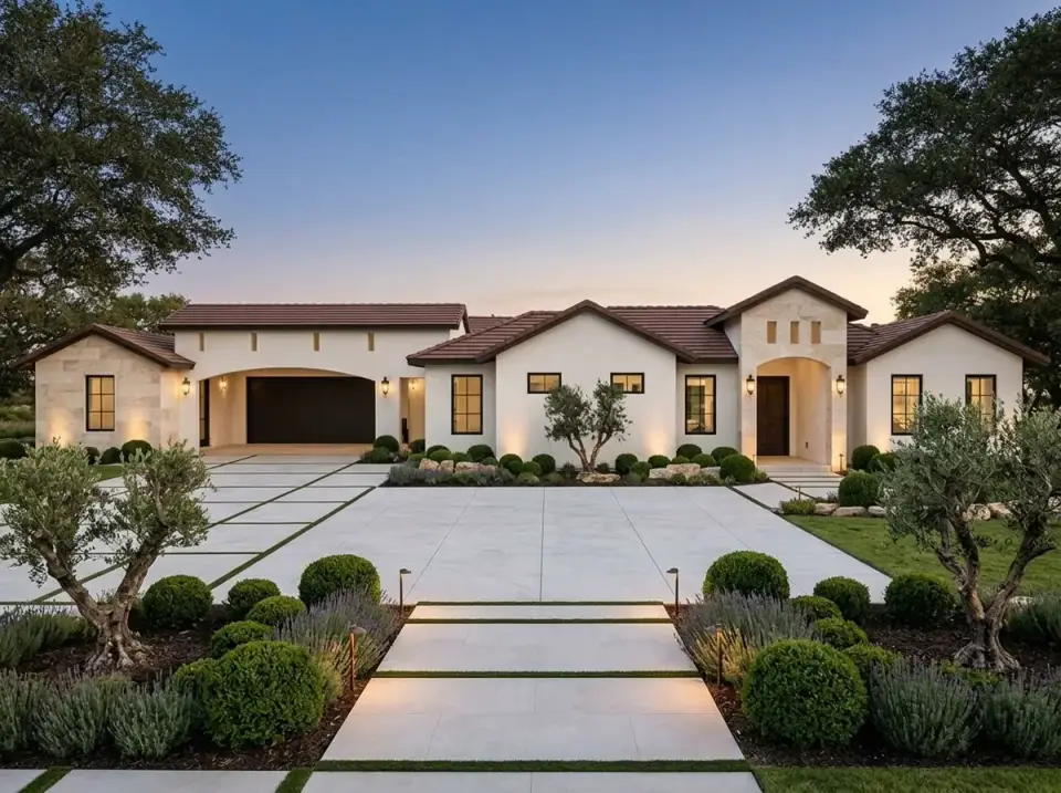 Formal Mediterranean Estate facade variation white stucco with stone tower accents